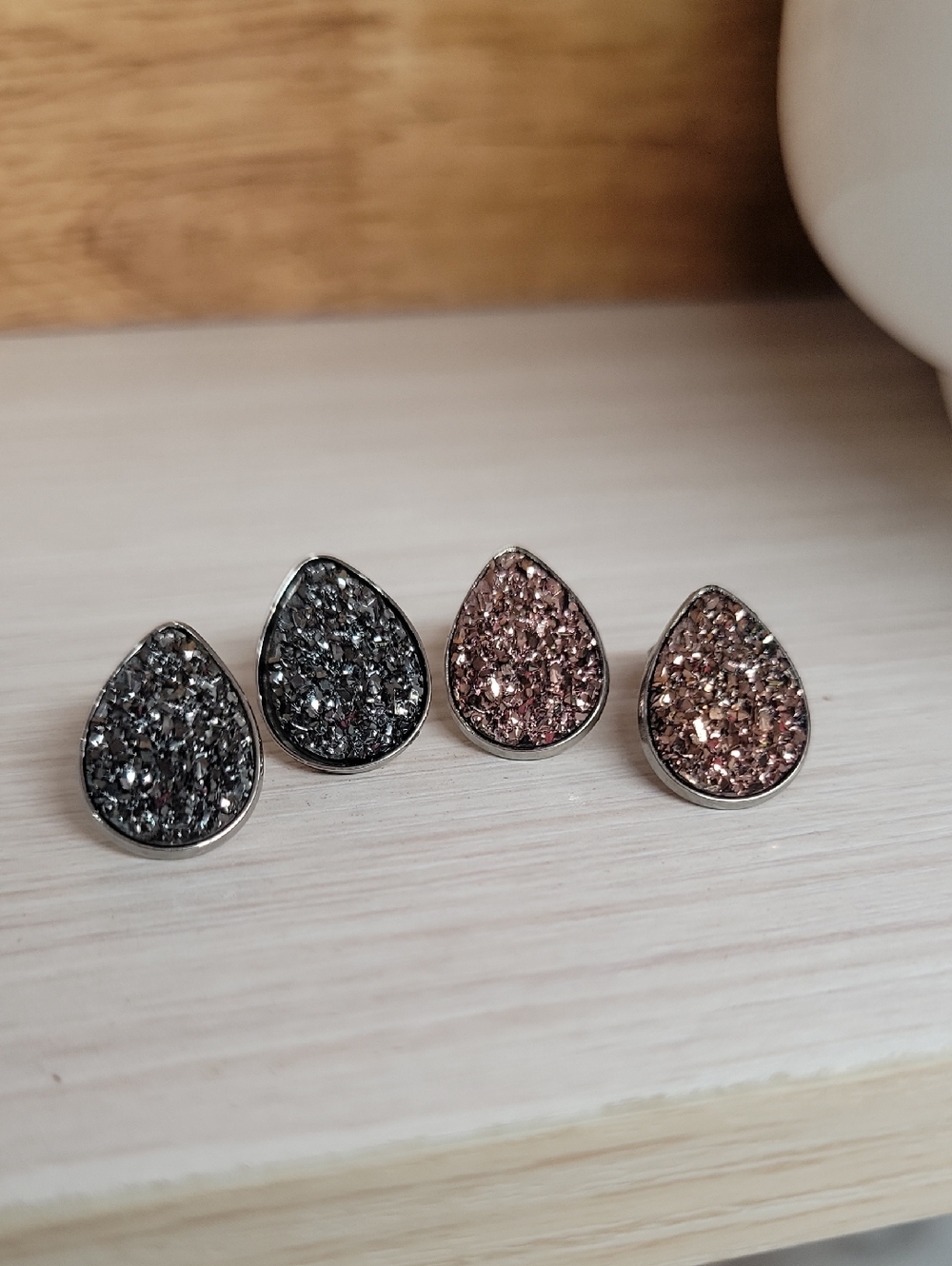 Teardrop Druzy Stud Earrings - Silver and Rose Gold Sparkle, Set Of Two